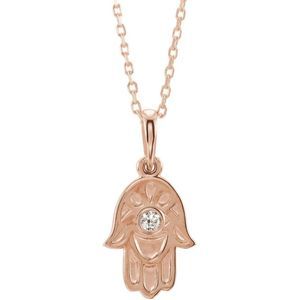 14k Rose Gold .03 CT Diamond Small Hamsa Necklace, 16-18 Inch
